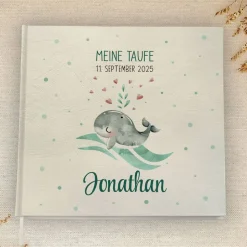 personalisiertes Gästebuch zur Taufe mit Wal, Welle, Herz in Grau & Hellblau blanko od. mit Fragen / Fragebogen