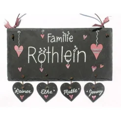 Personalisiertes Haustürschild Familie – Edles Schieferschild mit Herzanhänger & Name, handgefertigt, wetterfest, exklusiv, einzigartig, individuell - Familiengeschenk Türschild