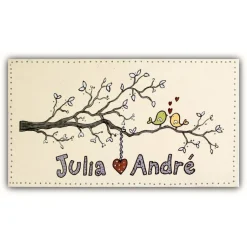 Personalisiertes Hochzeitsgeschenk: Handbemaltes Türschild aus Holz mit Motiv verliebte Vögel – Individuelles Namensschild für Paare, einmaliges Haustürschild mit Namen - einzigartiges Geschenk zur Hochzeit für das Brautpaar - exklusiv, einmalig, besonders, ausgefallen