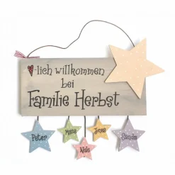 personalisiertes Hochzeitsgeschenk Türschild Familie aus Holz mit Sternanhänger, Holzschild mit Namen für das Brautpaar, individuelles Haustürschild mit Name, Familienschild für die Haustür