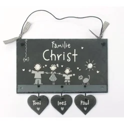 Personalisiertes Hochzeitsgeschenk – Familienschild aus Schiefer mit Herzanhänger, wetterfest & handgefertigt