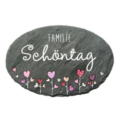 Personalisiertes Hochzeitsgeschenk – Ovales Türschild Schiefer Familie handbemalt, individuelles Haustürschild mit Name, einmaliges Paargeschenk
