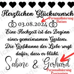 personalisiertes Hochzeitsgeschenk,10 Liter Gießkanne mit Spruch aus Vinylschrift verziert und mit Schleifendeko
