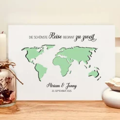 Personalisiertes Hochzeitsgeschenk – Geldgeschenk Weltkarte mit Namen & Datum | Die schönste Reise beginnt zu zweit