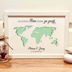 Personalisiertes Hochzeitsgeschenk – Geldgeschenk Weltkarte mit Namen & Datum | Die schönste Reise beginnt zu zweit