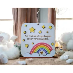 Personalisiertes Holzschild Regenbogen als Erinnerung an Sternenkind – Regenbogenbaby Geschenk mit Gravur