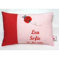 personalisiertes Kissen Namenskissen Geschenk zur Geburt Taufe Geburtstag Kindergarten- oder Schulstart in rosa und rot für Mädchen mit gesticktem Marienkäfer