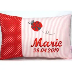 personalisiertes Kissen Namenskissen Geschenk zur Geburt Taufe Geburtstag Kindergarten- oder Schulstart in rosa und rot für Mädchen mit gesticktem Marienkäfer