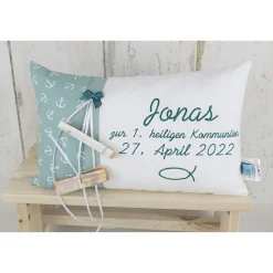 Personalisiertes Kissen zur Kommunion oder Konfirmation, in grün und weiß, aus Baumwollstoff, ein tolles Namenskissen