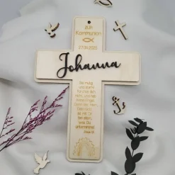 Personalisiertes Kreuz aus Holz zur Kommunion Pate Geschenk Handarbeit Wanddeko Tischdeko