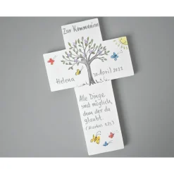 Personalisiertes Kreuz Lebensbaum Kommunion Mädchen – Geschenk Patenkind Kinderkreuz handbemalt