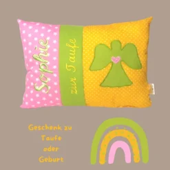 Personalisiertes Namenskissen zur Geburt oder Taufe – Kissen Geschenk für Jungen & Mädchen mit Engelmotiv, 20cm x 30cm