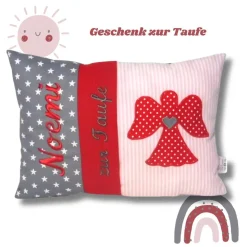 Personalisiertes Namenskissen zur Geburt oder Taufe – Kissen Geschenk für Jungen & Mädchen mit Engelmotiv, 20cm x 30cm