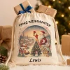 Personalisiertes Nikolaussäckchen mit Name – Weihnachtsgeschenkbeutel Rentier, Leinen-Optik, 36x43cm, Natur, Kordelzug