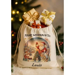 Personalisiertes Nikolaussäckchen mit Name – Weihnachtsgeschenkbeutel Rentier, Leinen-Optik, 36x43cm, Natur, Kordelzug
