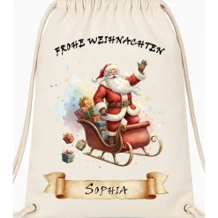 Personalisiertes Nikolaussäckchen mit Name – Weihnachtsgeschenkbeutel Rentier, Leinen-Optik, 36x43cm, Natur, Kordelzug