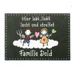Personalisiertes Schiefertürschild für Paare mit Engel und Teufel – Individuelles Haustürschild mit Namen