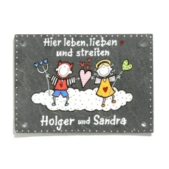 Personalisiertes Schiefertürschild für Paare mit Engel und Teufel – Individuelles Haustürschild mit Namen