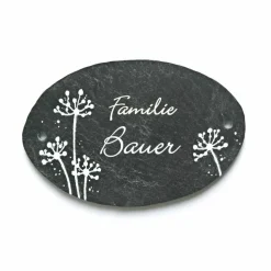 Personalisiertes Schiefer Türschild oval – Familien Namensschild wetterfest mit Pusteblumen, handgemacht, einzigartiges Familiengeschenk