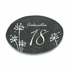 Personalisiertes Schiefer Türschild oval – Familien Namensschild wetterfest mit Pusteblumen, handgemacht, einzigartiges Familiengeschenk