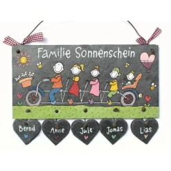 Personalisiertes Schiefertürschild mit Familie auf Fahrrad – Handgemachtes Namensschild für die Haustür