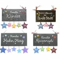 Personalisiertes Schiefertürschild mit Namen und Sternanhängern – Geschenk zu Geburt & Einzug - individuelles Haustürschild Sterne, wetterfest & dekorativ, Willkommensschild Eingang