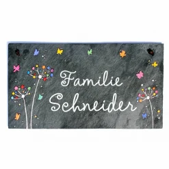 Personalisiertes Schiefertürschild mit Pusteblumen – Namensschild für Familien, handgemacht & wetterfest
