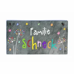 Personalisiertes Schiefertürschild mit Pusteblumen – Namensschild für Familien, handgemacht & wetterfest