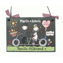 Personalisiertes Schieferschild als Hochzeitsgeschenk – Brautpaar auf Fahrrad, wetterfest & einzigartig