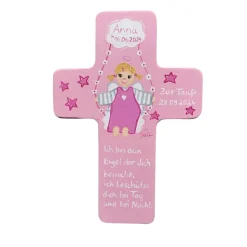 Personalisiertes Schutzengelkreuz Mädchen – Handbemaltes Taufkreuz aus Holz Geschenk zur Taufe & Geburt
