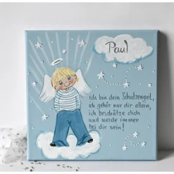 Personalisiertes Schutzengelbild für Jungen – Taufgeschenk handgemalt auf Keilrahmen