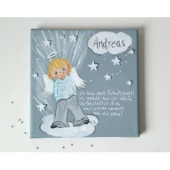 Personalisiertes Schutzengelbild für Jungen – Taufgeschenk handgemalt auf Keilrahmen