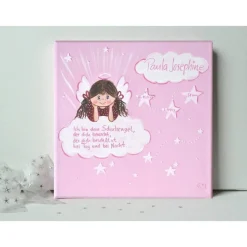 Personalisiertes Schutzengelbild zur Taufe für Mädchen – Handgemaltes Geschenk 20x20 cm, rosa Engel, Patenkind, Enkelkind