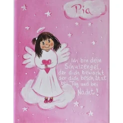 Personalisiertes Schutzengelbild Mädchen Rosa auf Keilrahmen – Handgemaltes Engelbild zur Taufe & Geburt