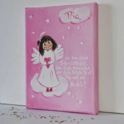 Personalisiertes Schutzengelbild Mädchen Rosa auf Keilrahmen – Handgemaltes Engelbild zur Taufe & Geburt