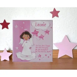 Personalisiertes Schutzengelbild für Mädchen – handgemaltes Taufgeschenk mit Spruch, Engelbild auf Leinwand, Unikat 20x20