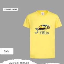 Personalisiertes Shirt GEBURTSTAG Zahl & Name personalisiert Rennauto Gelb Gold