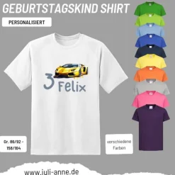 Personalisiertes Shirt GEBURTSTAG Zahl & Name personalisiert Rennauto Gelb Gold