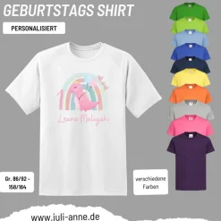 Personalisiertes Shirt GEBURTSTAG Zahl & Name personalisiert Regenbogen Dino Mädchen
