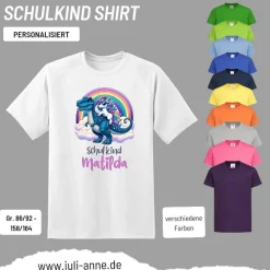 Personalisiertes Shirt SCHULKIND Name personalisiert T-Rex cooles Einhorn auf T-Rex