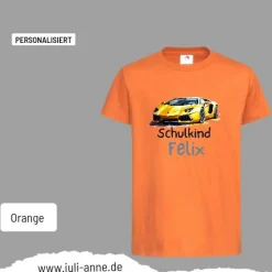 Personalisiertes Shirt SCHULKIND Name personalisiert T-Rex Rennauto Gelb