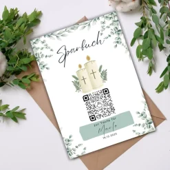 Personalisiertes Sparbuch mit QR-Code. Das perfekte Geschenk zur Taufe | Taufkerze