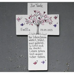 Personalisiertes Taufkreuz Lebensbaum für Mädchen – Handbemalt & Einzigartig