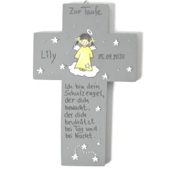 Personalisiertes Taufkreuz Mädchen – Handbemaltes Schutzengel-Holzkreuz Geschenk Patenkind mit Spruch