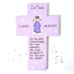 Personalisiertes Taufkreuz Mädchen | Handbemaltes Holzkreuz mit Schutzengel | Einzigartiges Taufgeschenk