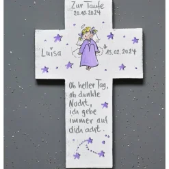 Personalisiertes Taufkreuz Mädchen – Handbemaltes Holzkreuz mit Schutzengel & Wunschtext