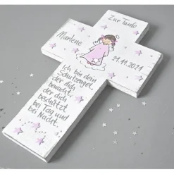 Personalisiertes Taufkreuz Mädchen mit Schutzengel – Handbemaltes Kinderkreuz Geschenk Patenkind