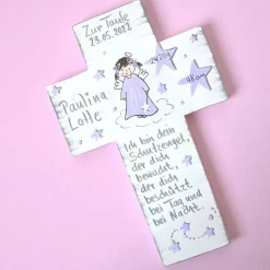 Personalisiertes Taufkreuz Mädchen – Handbemaltes Schutzengelkreuz Geschenk Patenkind | Kinderkreuz mit Psalm & Wunschfarbe