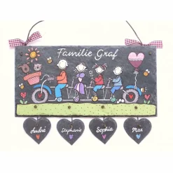 Personalisiertes Türschild aus Schiefer – Familienschild mit Fahrrad, Namen & Figuren – Individuelles Geschenk zum Geburtstag