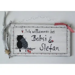 Personalisiertes Türschild Katzenpärchen – Handbemaltes Hochzeitsgeschenk im Shabby Chic Stil